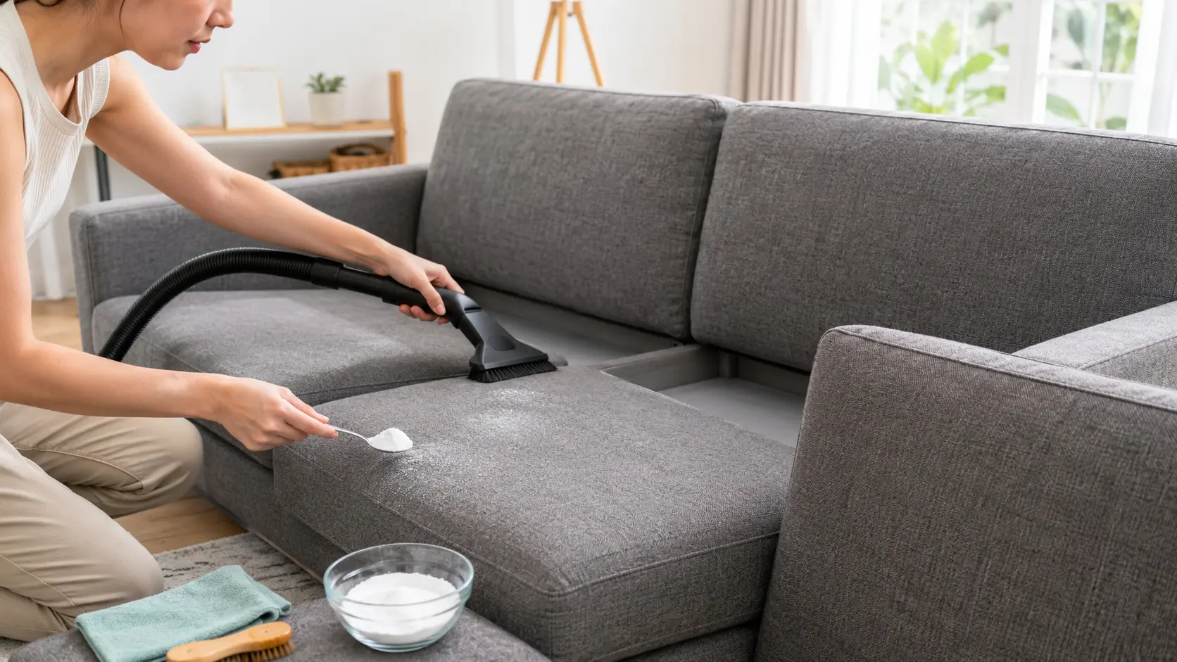 Hút bụi và rắc baking soda khi vệ sinh ghế sofa vải tại nhà