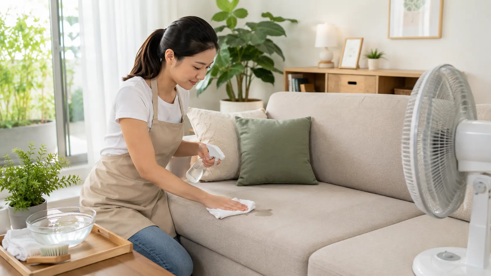 Lau vết bẩn và làm khô ghế sofa vải sau khi vệ sinh tại nhà