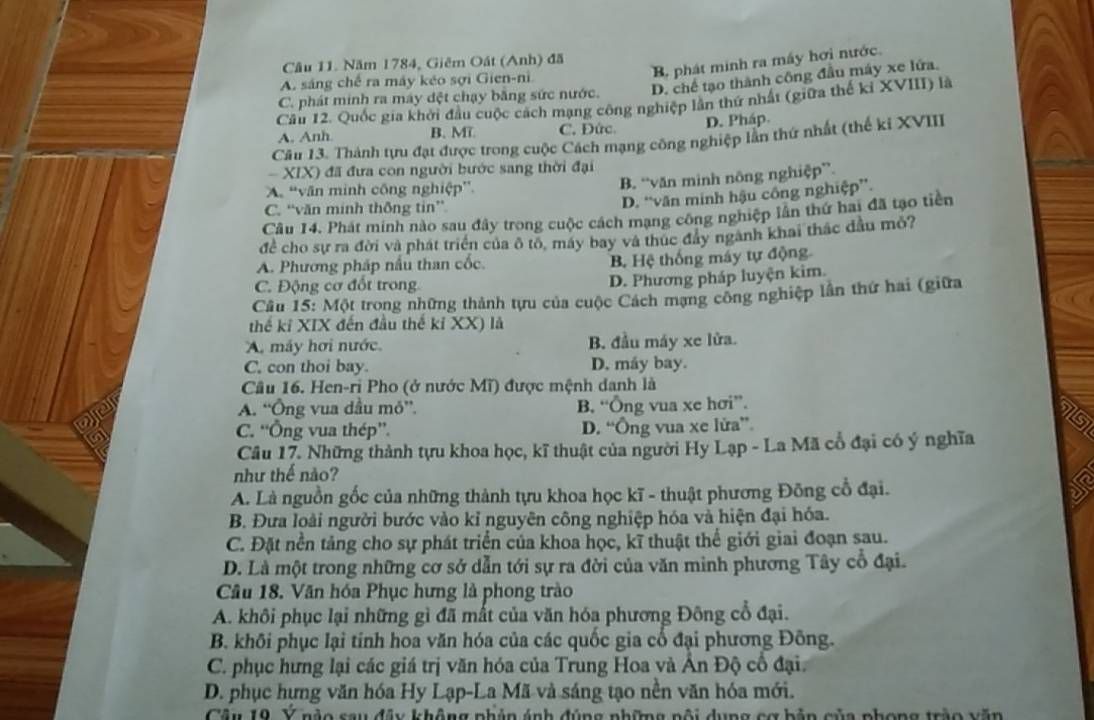 Câu hỏi trắc nghiệm lịch sử về Giêm Oát phát minh ra máy hơi nước năm 1784
