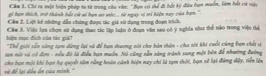 Bài giải đọc hiểu: chỉ ra biện pháp tu từ trong câu văn về tự do lựa chọn, liệt kê dẫn chứng và phân tích thao tác lập luận