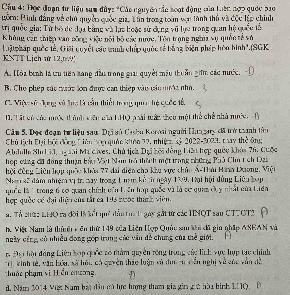 Đoạn tư liệu về các nguyên tắc hoạt động của Liên hợp quốc và bốn phương án trắc nghiệm A, B, C, D
