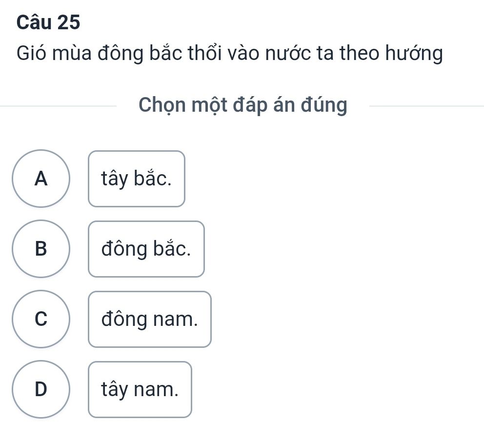 Hướng gió mùa đông bắc thổi vào lãnh thổ Việt Nam trong mùa đông