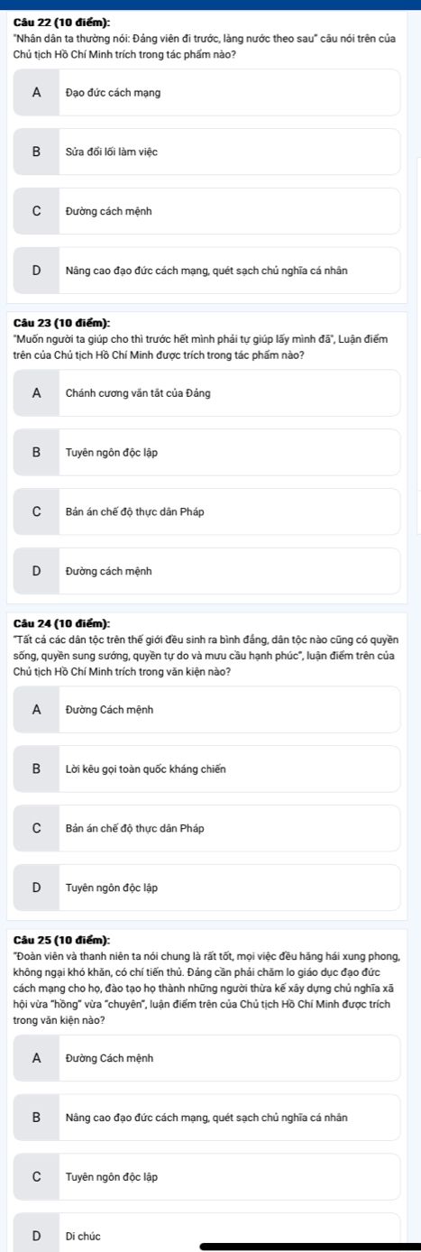Câu hỏi trắc nghiệm về câu nói Đảng viên đi trước, làng nước theo sau của Chủ tịch Hồ Chí Minh
